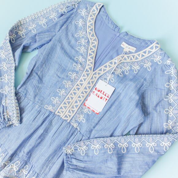 NEW Roller Rabbit Indera Naema Embroidered Mini Dress Womens XSmall Chambray - Picture 2 of 9